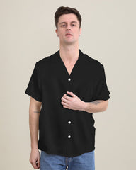 Gentle Lapel Collar Silk Short Shirt Blouse For Men Black