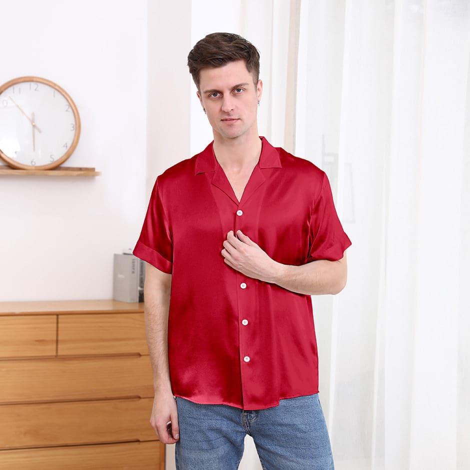 Gentle Lapel Collar Silk Short Shirt Blouse For Men Burgundy