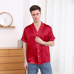 Gentle Lapel Collar Silk Short Shirt Blouse For Men Burgundy