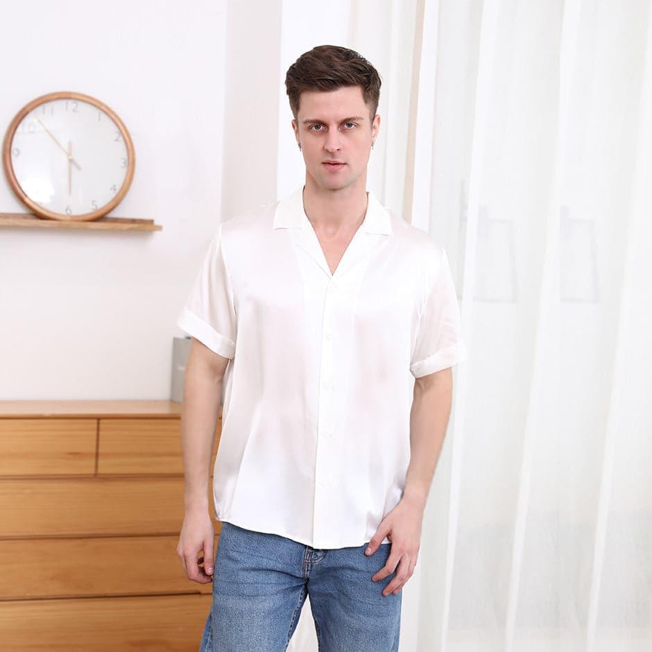 Gentle Lapel Collar Silk Short Shirt Blouse For Men Ivory