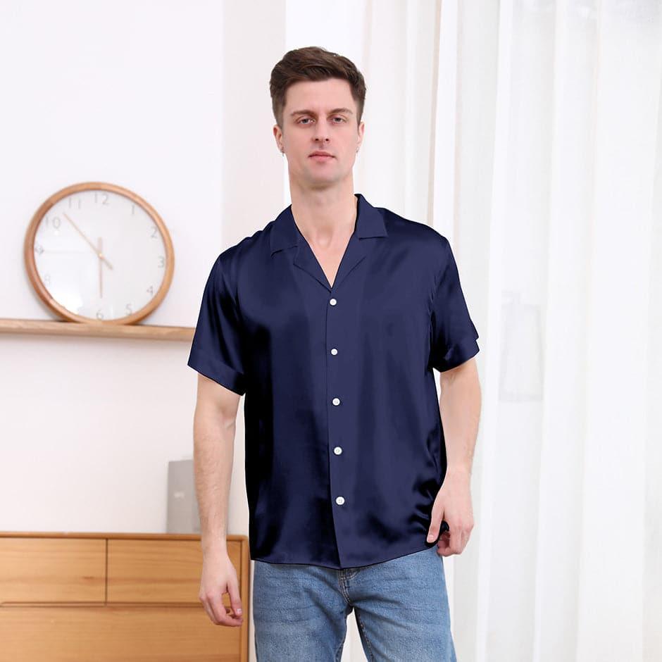 Gentle Lapel Collar Silk Short Shirt Blouse For Men Navy