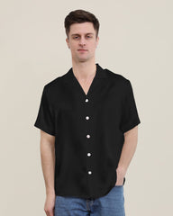 Gentle Lapel Collar Silk Short Shirt Blouse For Men Black