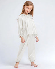 Girls Long Sleeve Ruffle Trim Silk Pajama Set