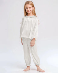 Girls Long Sleeve Ruffle Trim Silk Pajama Set