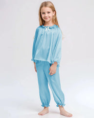 Girls Long Sleeve Ruffle Trim Silk Pajama Set