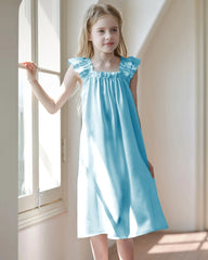 Girls Silk Nightgown with Double Ruffle Sleeves