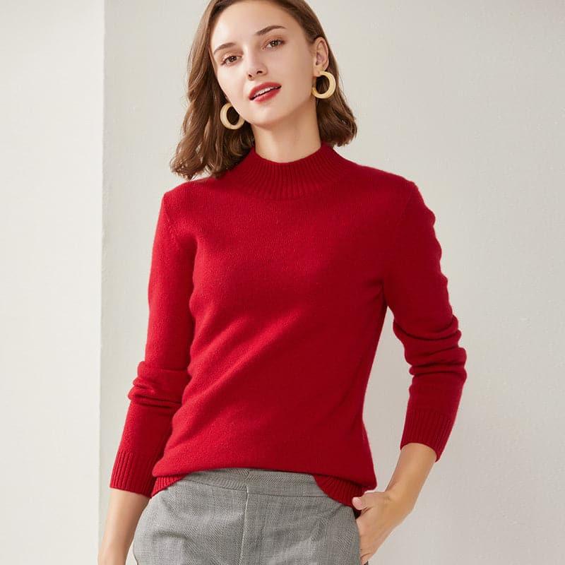 Half High Collar Cashmere Women Sweater Wine Red