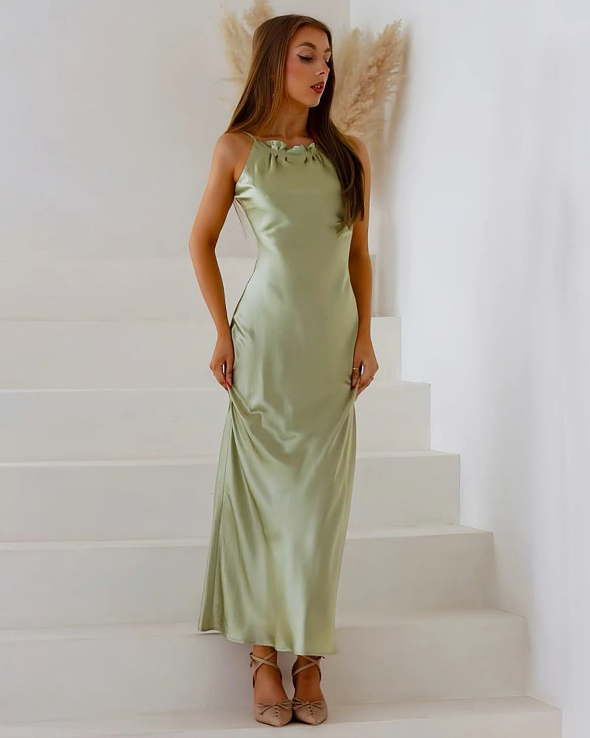 Halter Neck Maxi Silk Dress Avocado Green