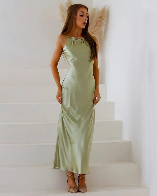 Halter Neck Maxi Silk Dress Avocado Green