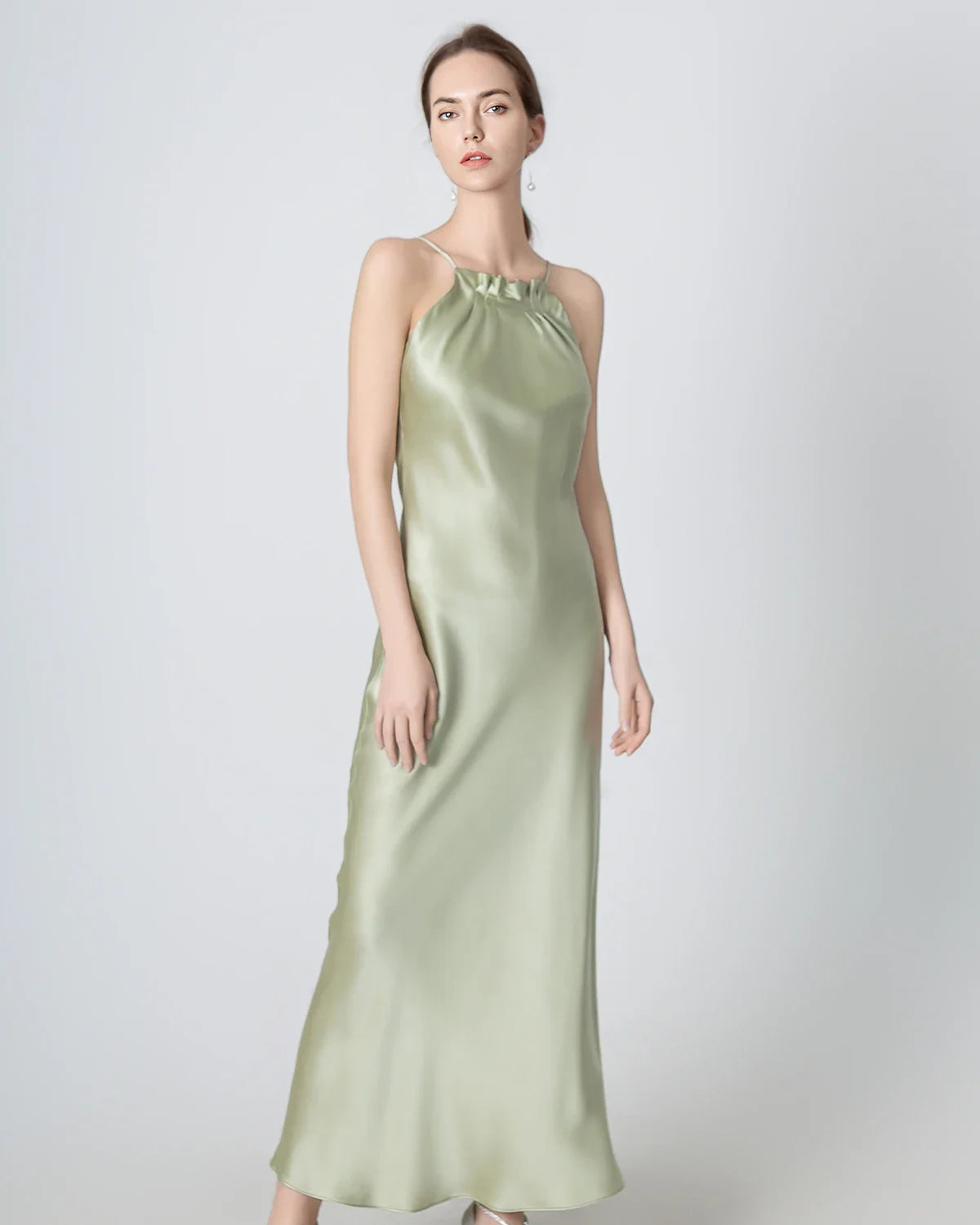 Halter Neck Maxi Silk Dress Avocado Green