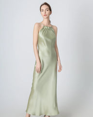 Halter Neck Maxi Silk Dress Avocado Green