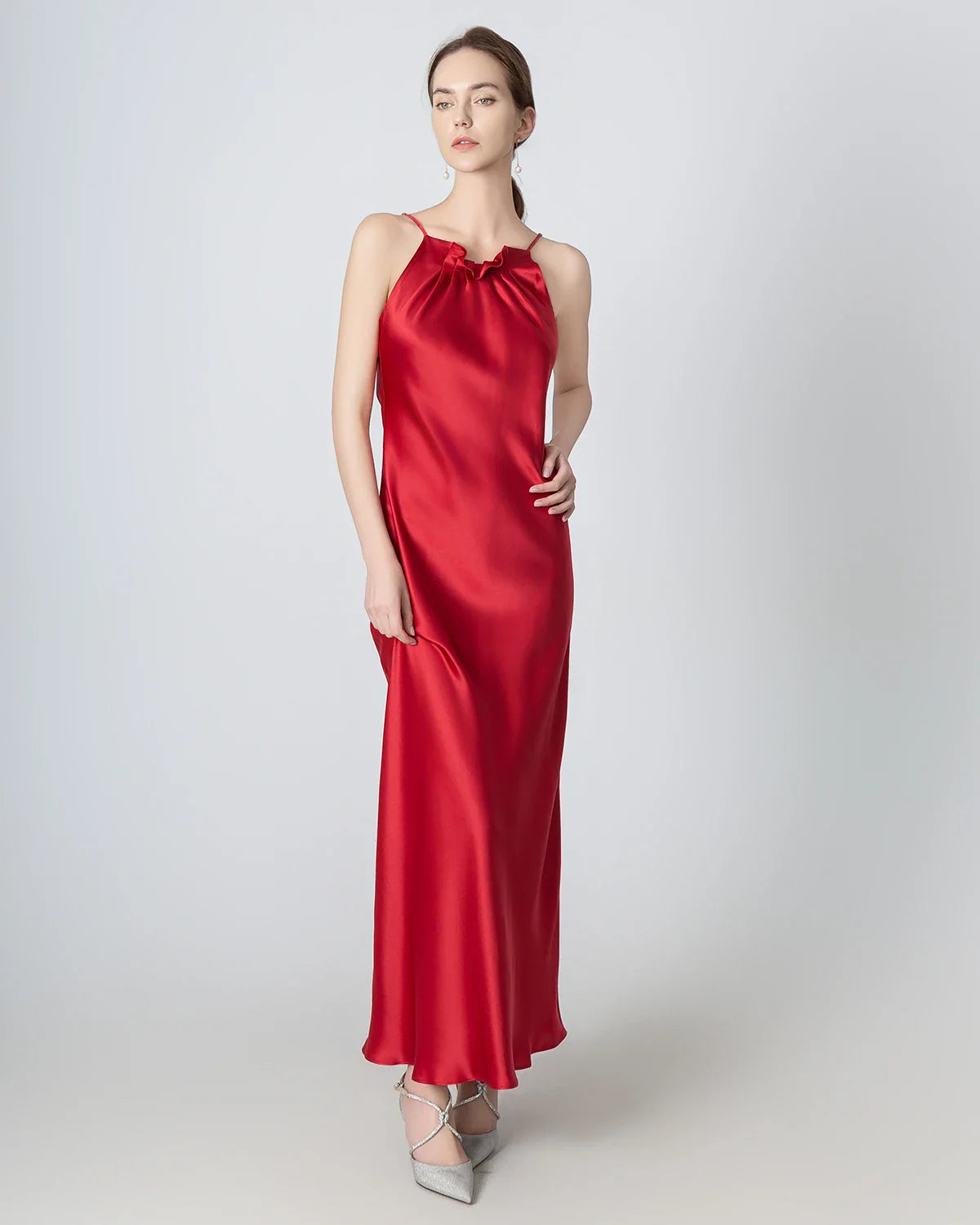 Halter Neck Maxi Silk Dress Burgundy