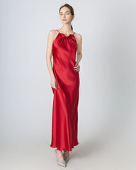 Halter Neck Maxi Silk Dress Burgundy