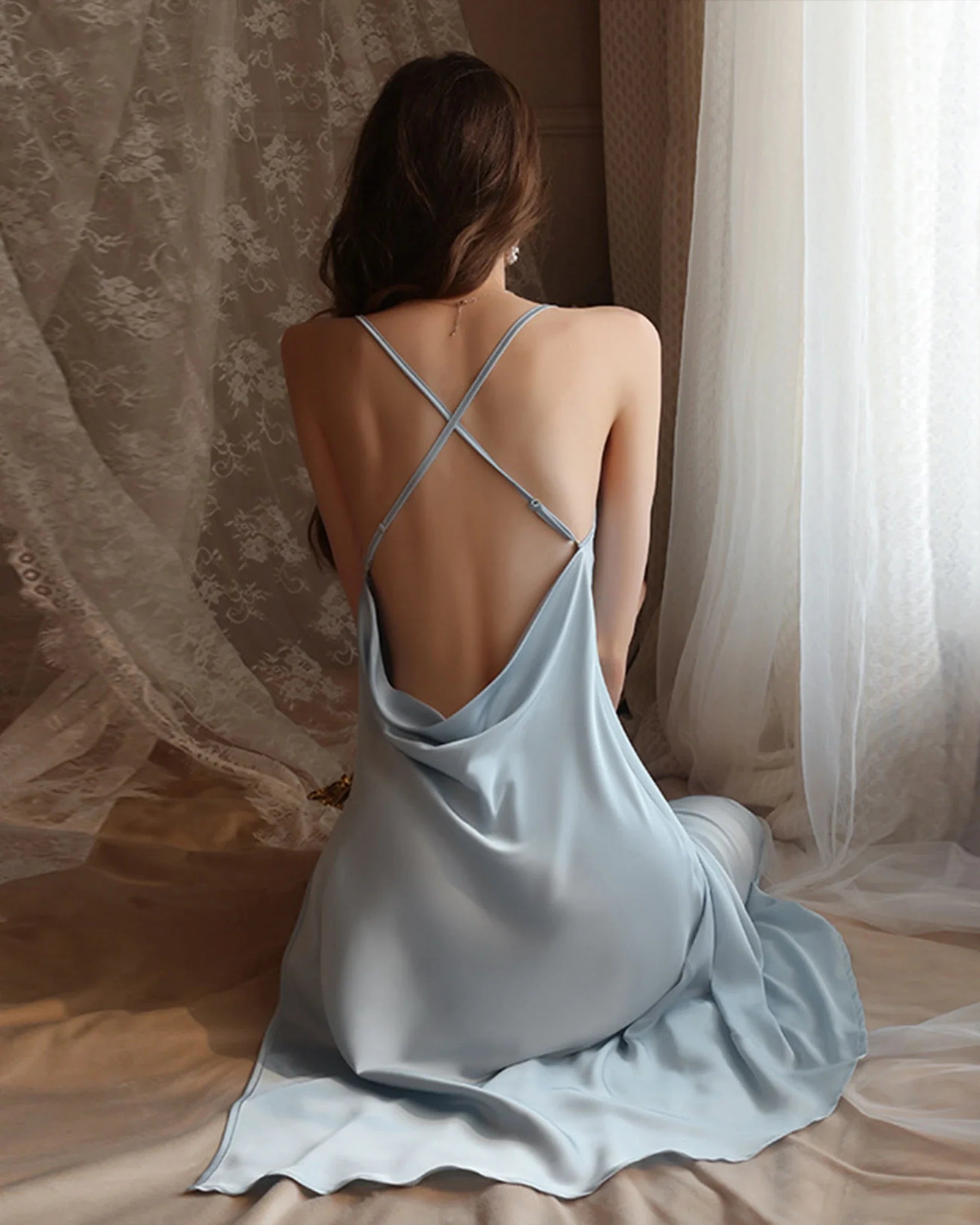 High Slit Backless Midi Silk Nightdress Haze Blue