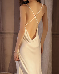 High Slit Backless Midi Silk Nightdress White