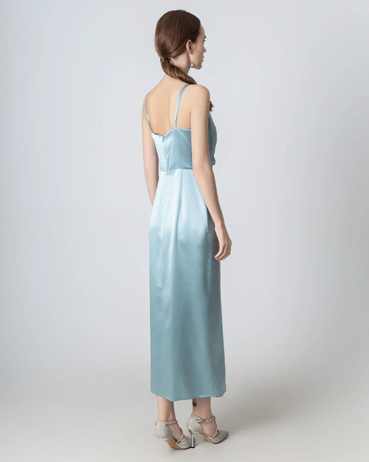 High Slit Cowl V-neck Maxi Silk Dress Haze Blue