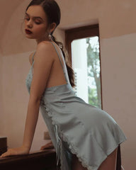 High Slit Lace Silk Nightdress Haze Blue