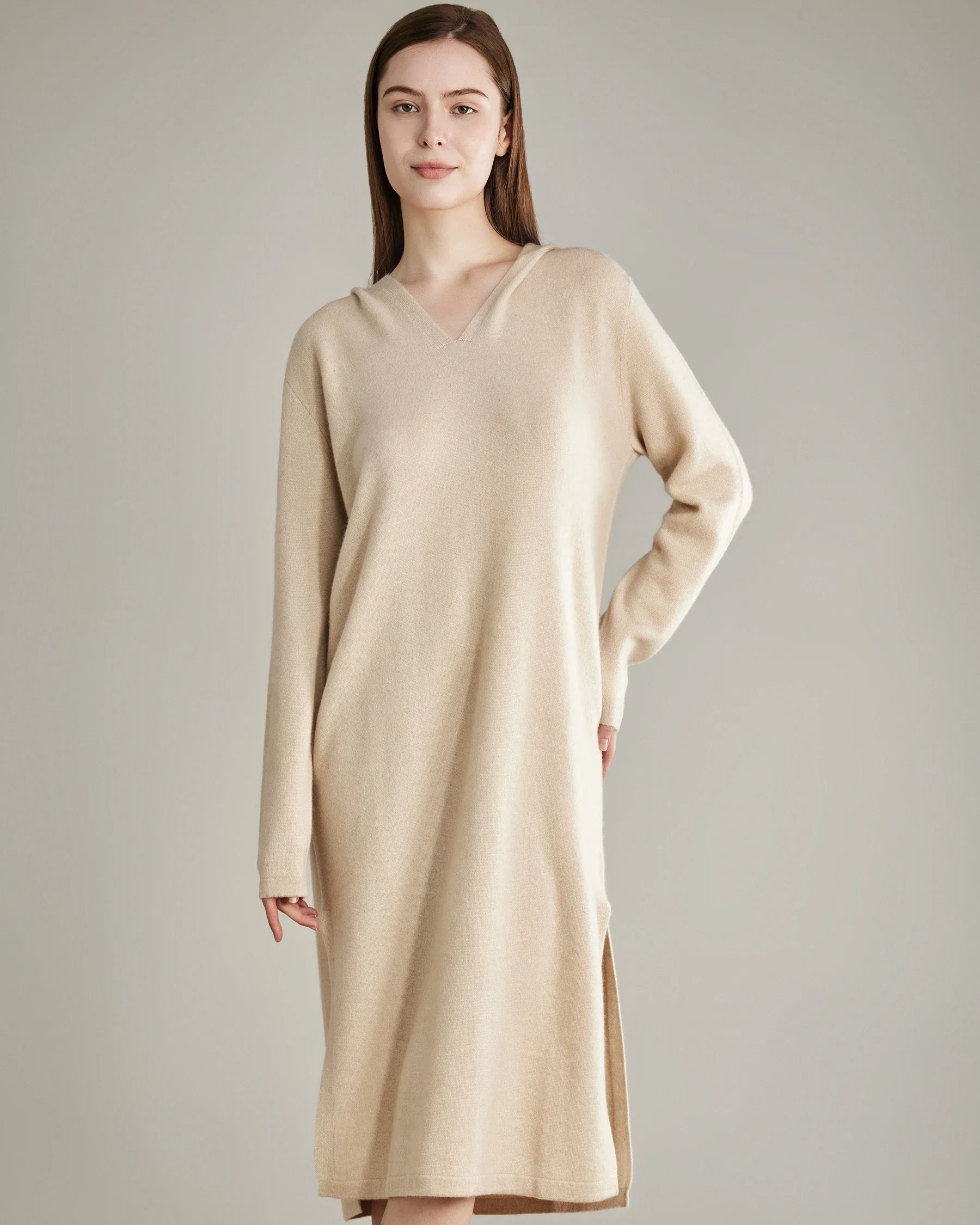 Hooded Cashmere Knit Dress Beige