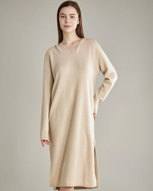 Hooded Cashmere Knit Dress Beige