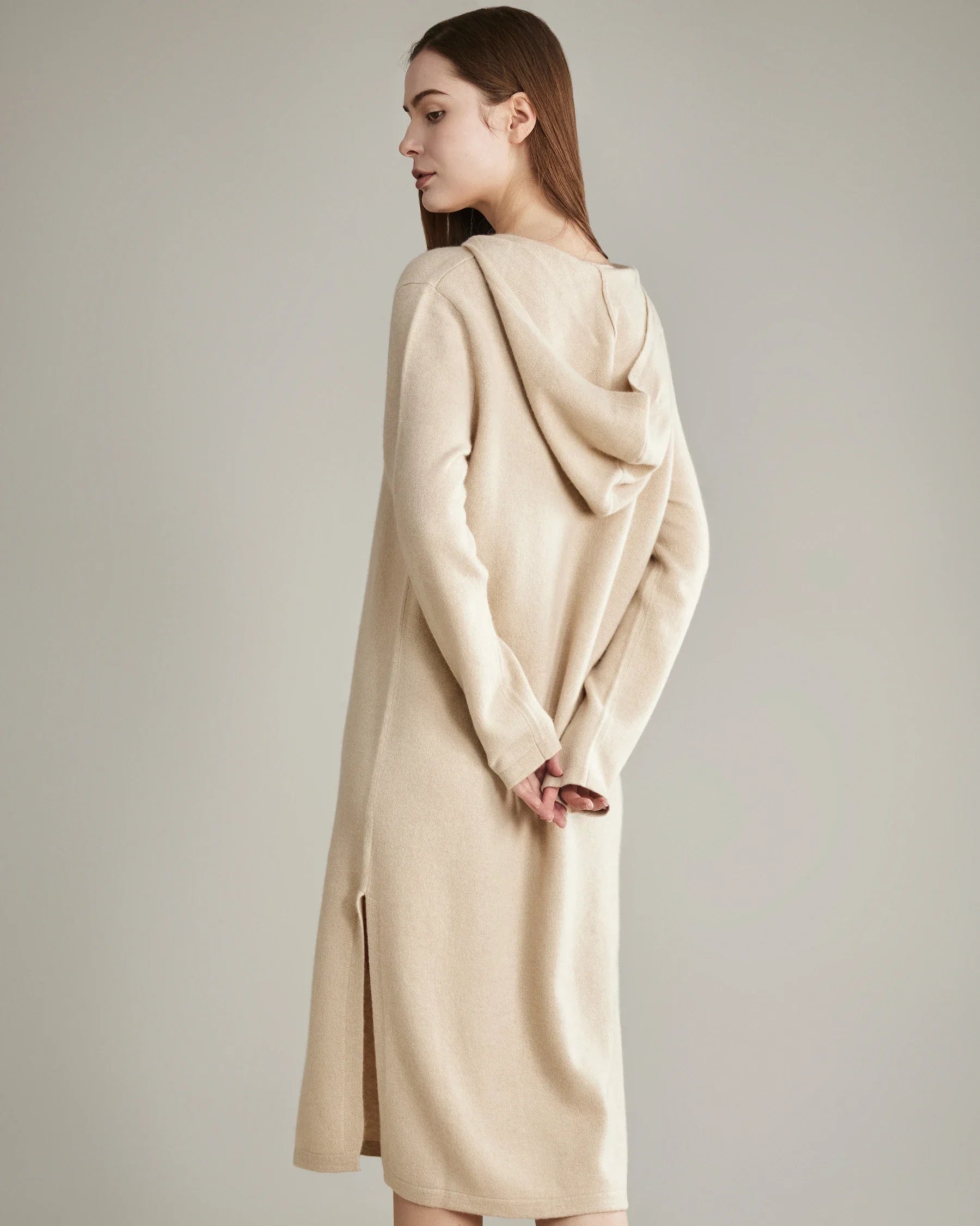 Hooded Cashmere Knit Dress Beige