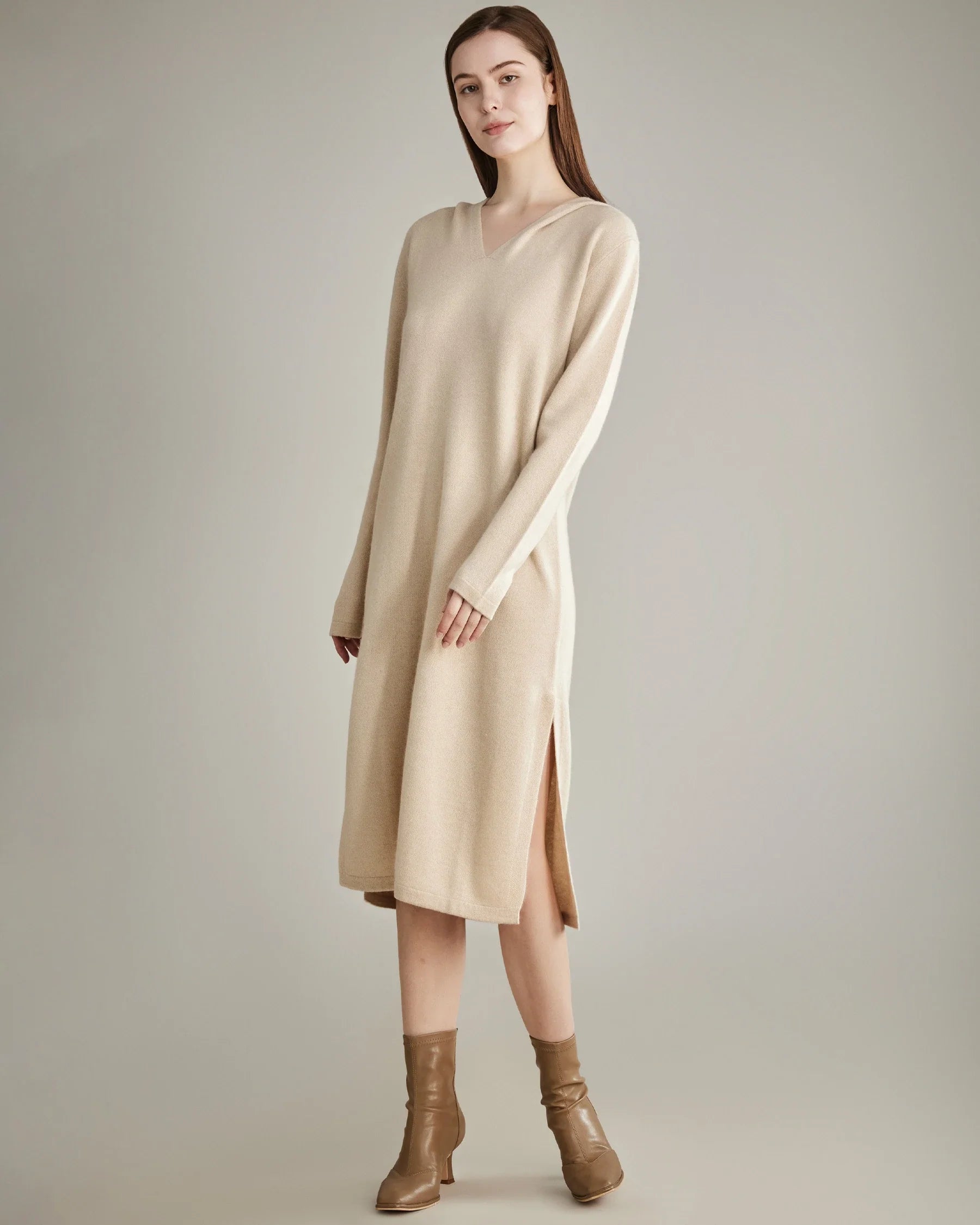 Hooded Cashmere Knit Dress Beige