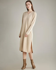 Hooded Cashmere Knit Dress Beige
