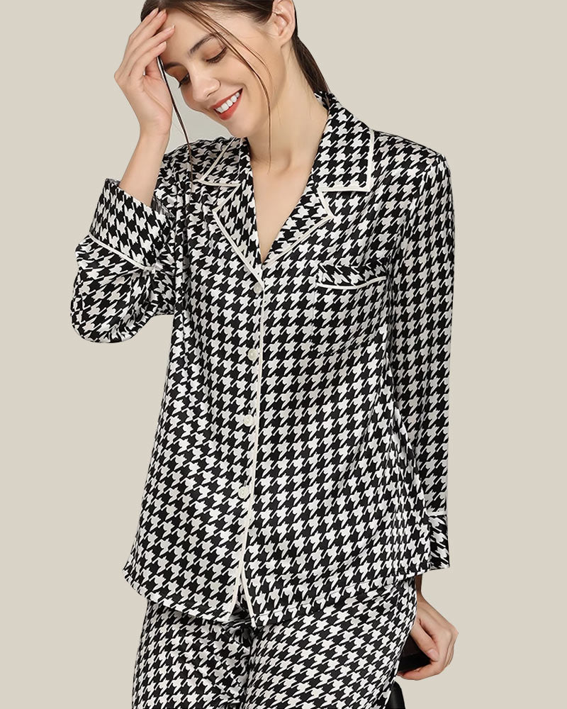 Houndstooth Print Silk Pajama Set Black