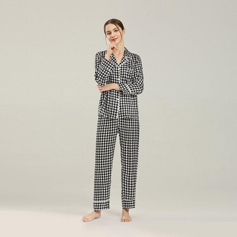 Houndstooth Print Silk Pajama Set Black