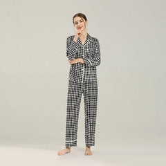 Houndstooth Print Silk Pajama Set Black