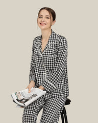 Houndstooth Print Silk Pajama Set Black