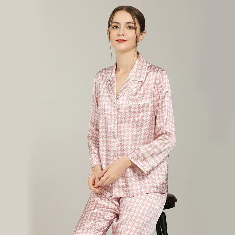 Houndstooth Print Silk Pajama Set Pink