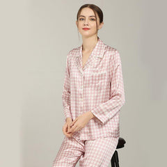 Houndstooth Print Silk Pajama Set Pink