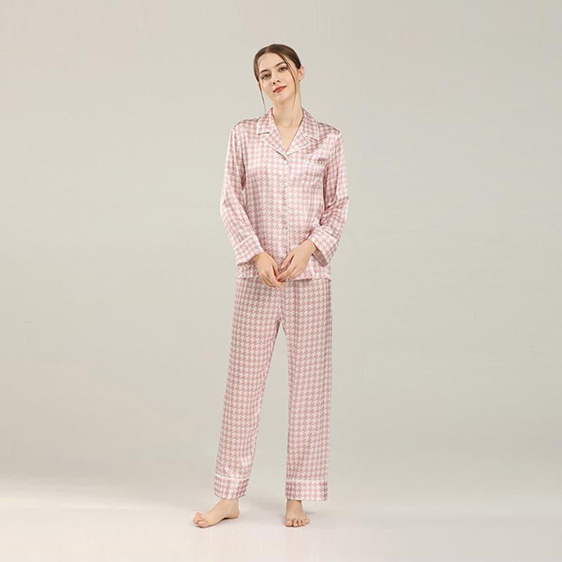 Houndstooth Print Silk Pajama Set Pink