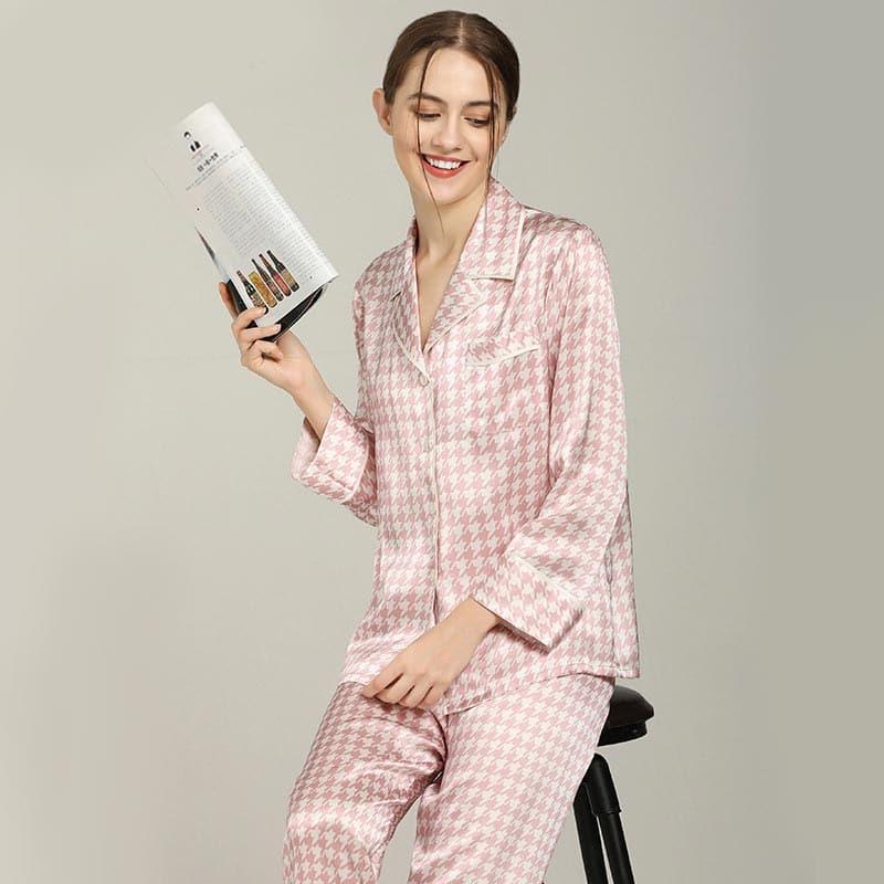 Houndstooth Print Silk Pajama Set Pink
