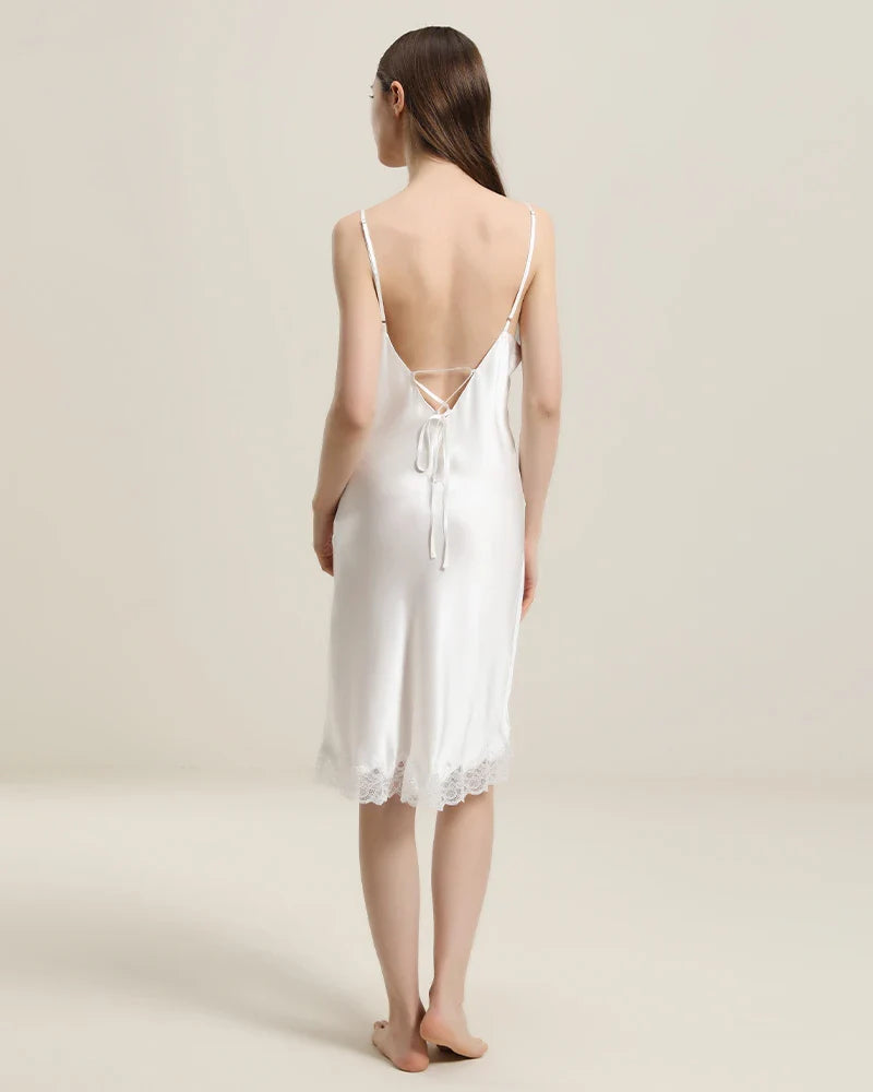 Silk Nightgown with Delicate Lace Details Ivory