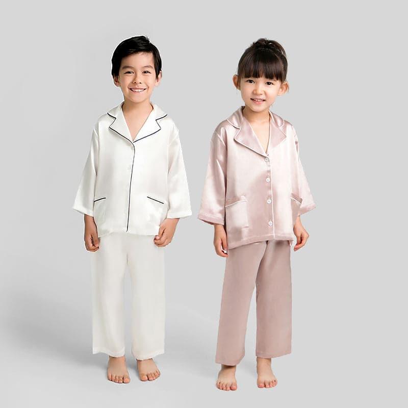 Kid's Long Ssaleeve Silk Pajamas Set Ivory