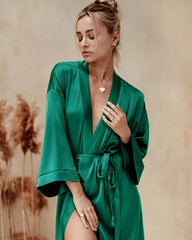 Knee-Length Silk Robe Dark Green