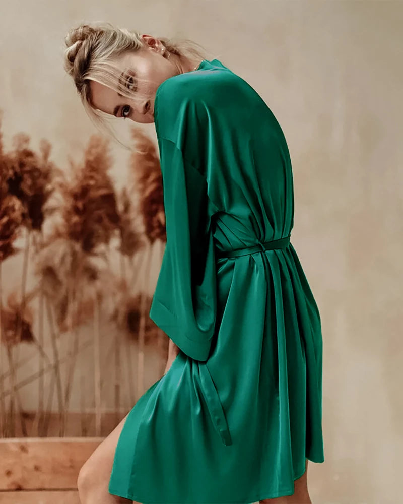 Knee-Length Silk Robe Dark Green