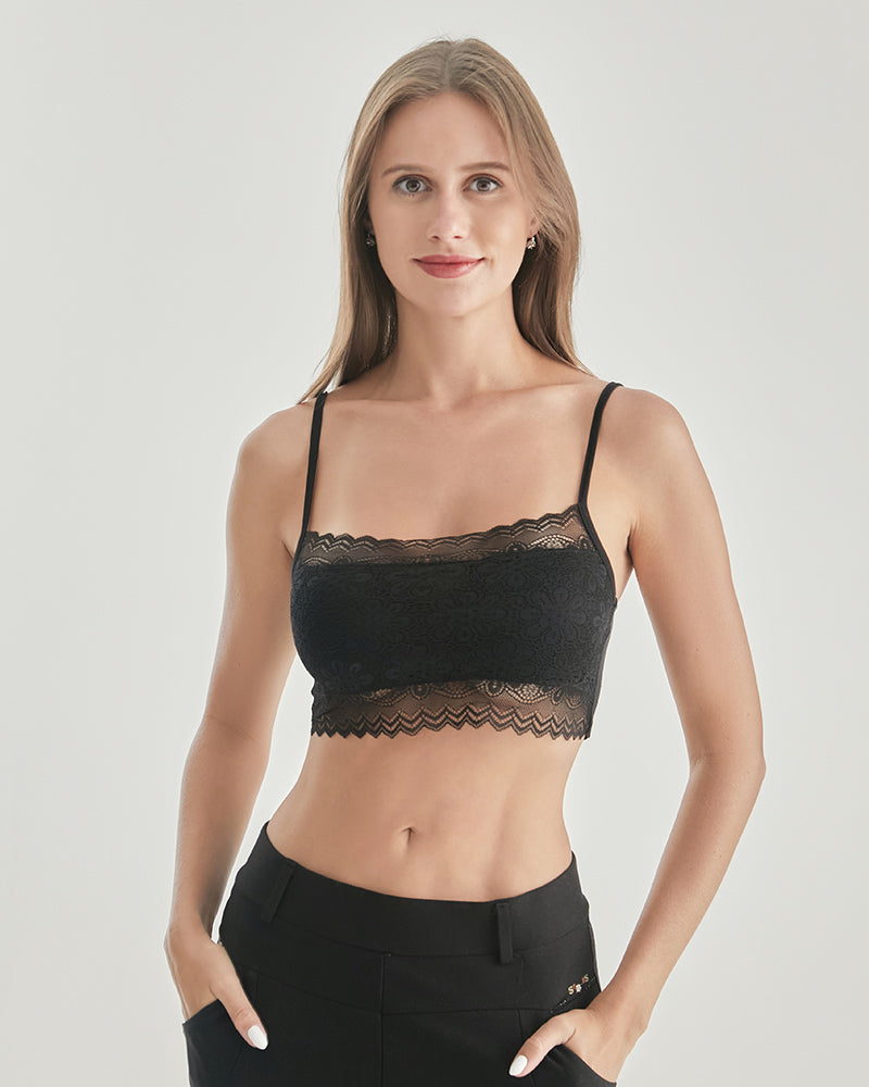 Knit Silk Bralette Square Neck Lace Crop Top Black