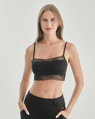 Knit Silk Bralette Square Neck Lace Crop Top Black
