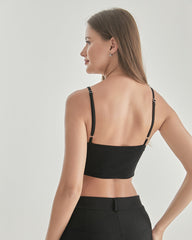 Knit Silk Bralette Square Neck Lace Crop Top Black