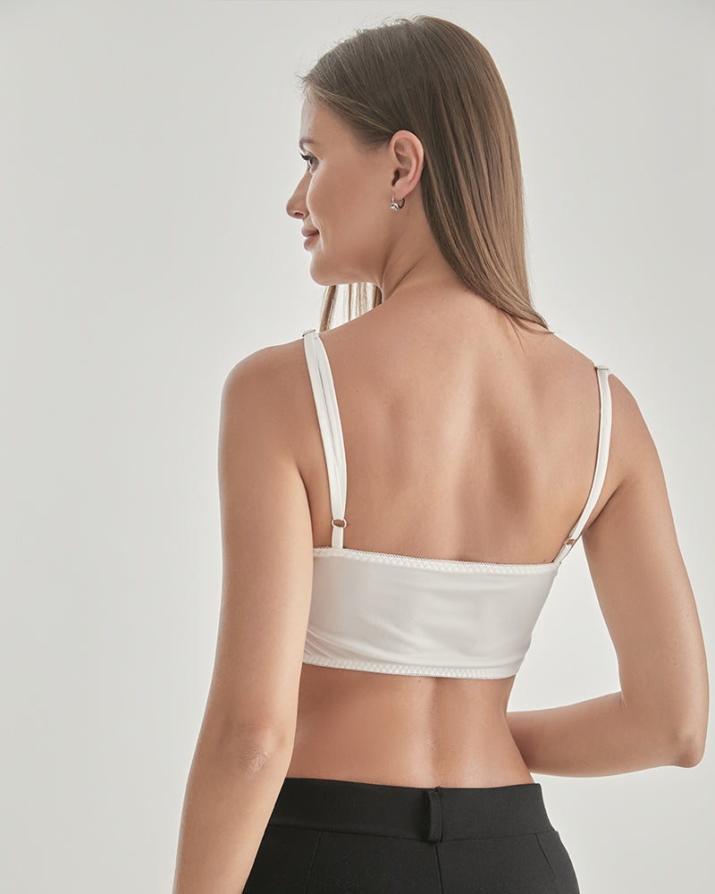 Knit Silk Bralette Square Neck Lace Crop Top White
