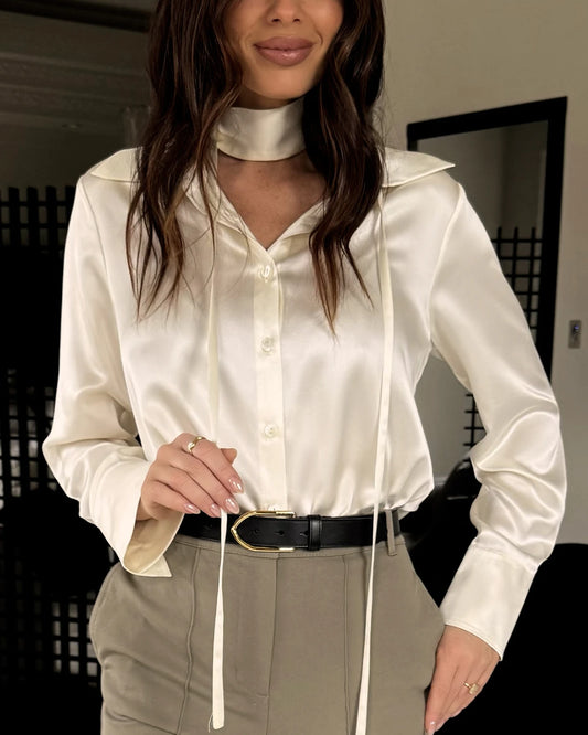 Long Sleeves Tie Neck Silk Shirt for Women Cream