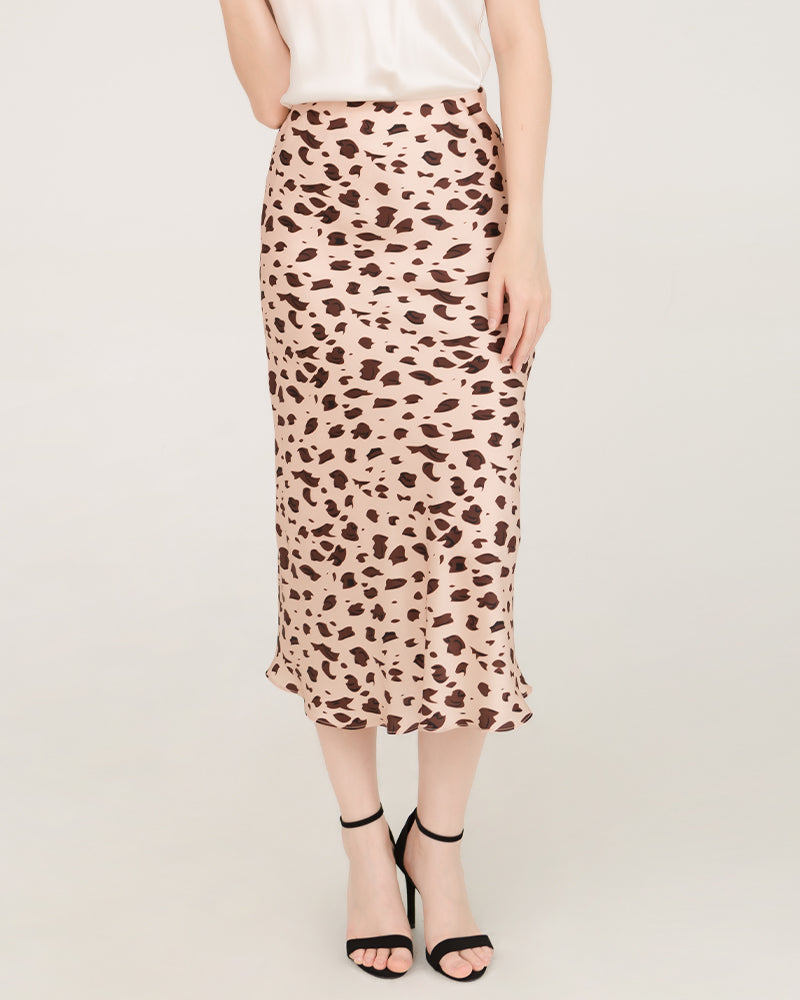 Leopard Print 100% Silk Midi Skirts Pink Leopard Print