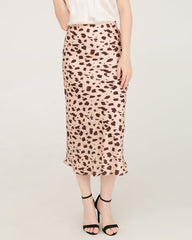 Leopard Print 100% Silk Midi Skirts Pink Leopard Print
