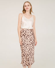 Leopard Print 100% Silk Midi Skirts Pink Leopard Print