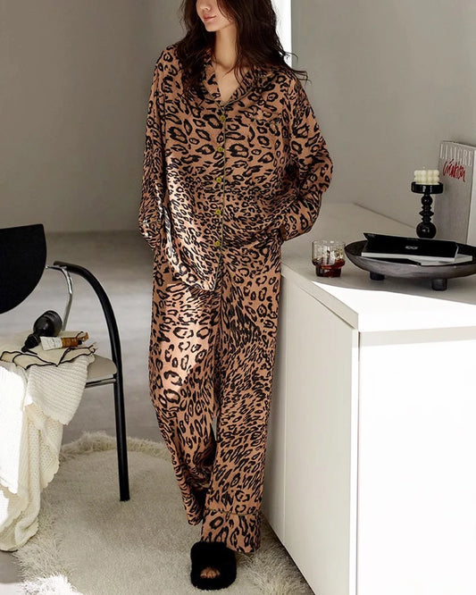 Leopard Print Silk Pajama Set