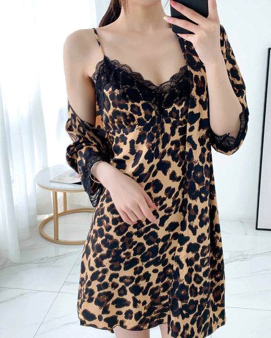 Leopard Silk Nightdress and Robe Set