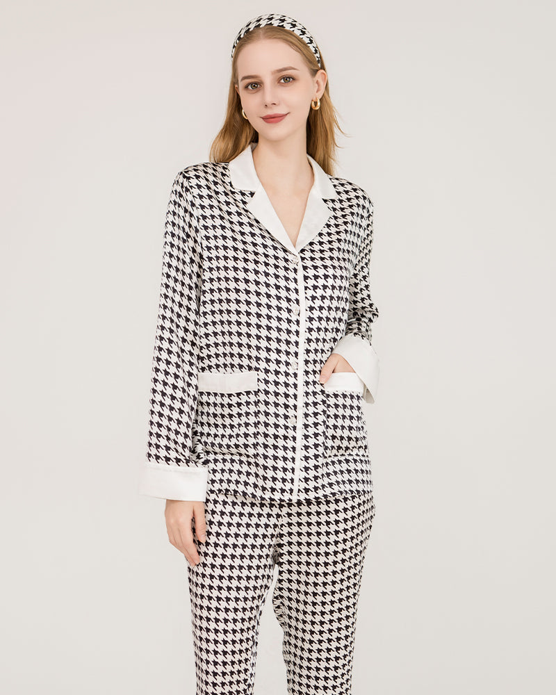 Houndstooth Silk Pajamas with Swarovski Buttons Black