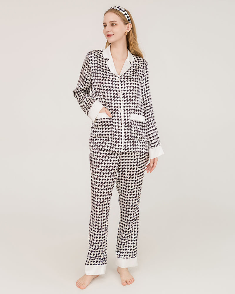 Houndstooth Silk Pajamas with Swarovski Buttons Black